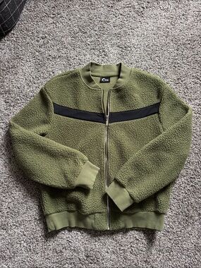 ZYIA Olive Green Sherpa Zip-Up with Black Chest Stripe